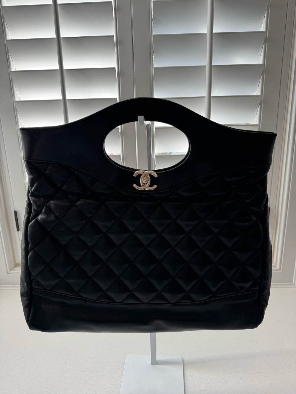 LUXE Black Quilted Leather Cutout Handle Tote Gold CC Hardware